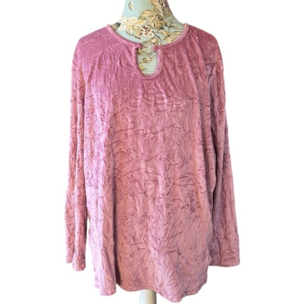 Vtg Crinkle Velvet Tunic Womens Sz 18/20 Pink Long Sleeve Keyhole Ring Top